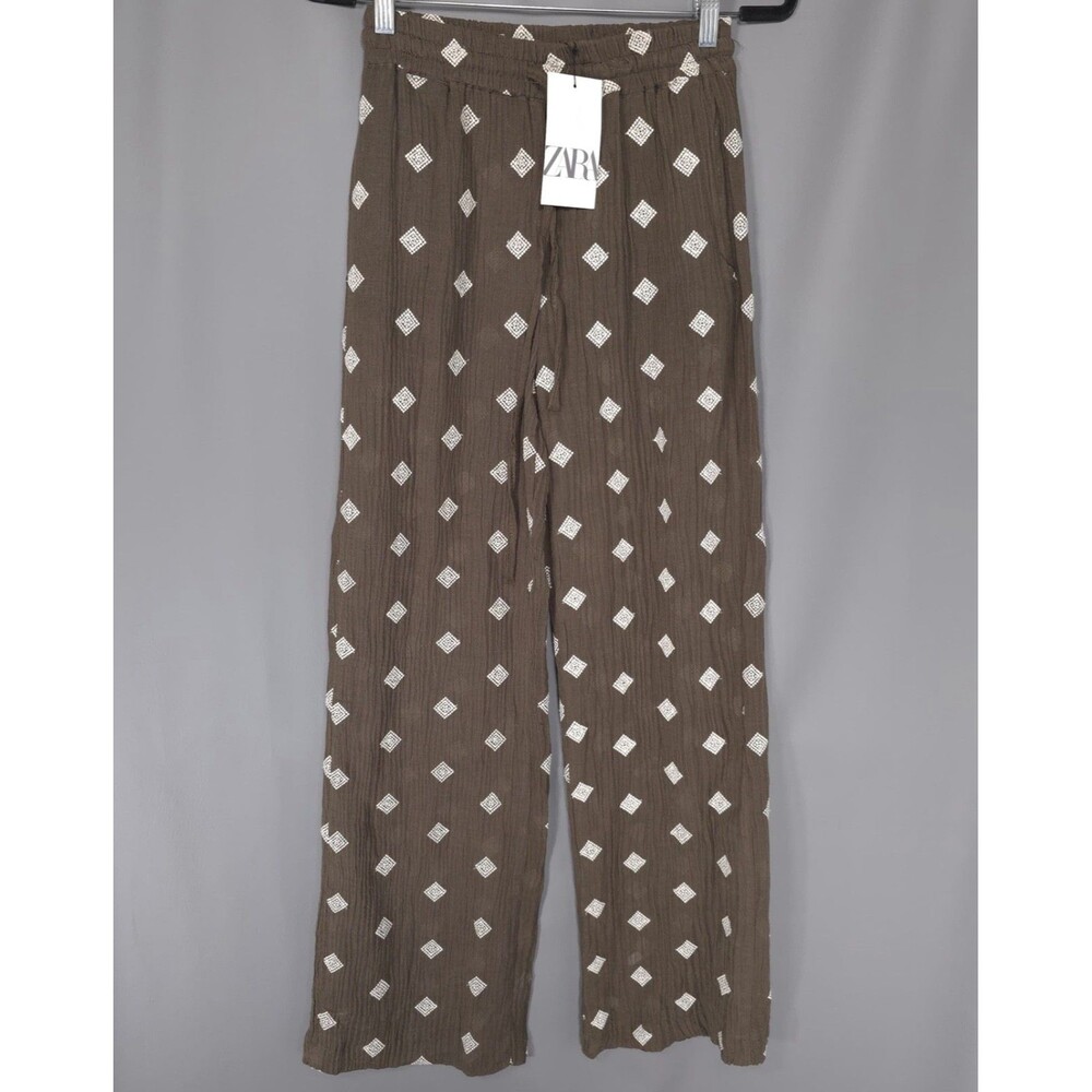 ZARA Women’s New Wide Leg Pants XS Brown Embroidered 3427/664 Ramie Cotton
